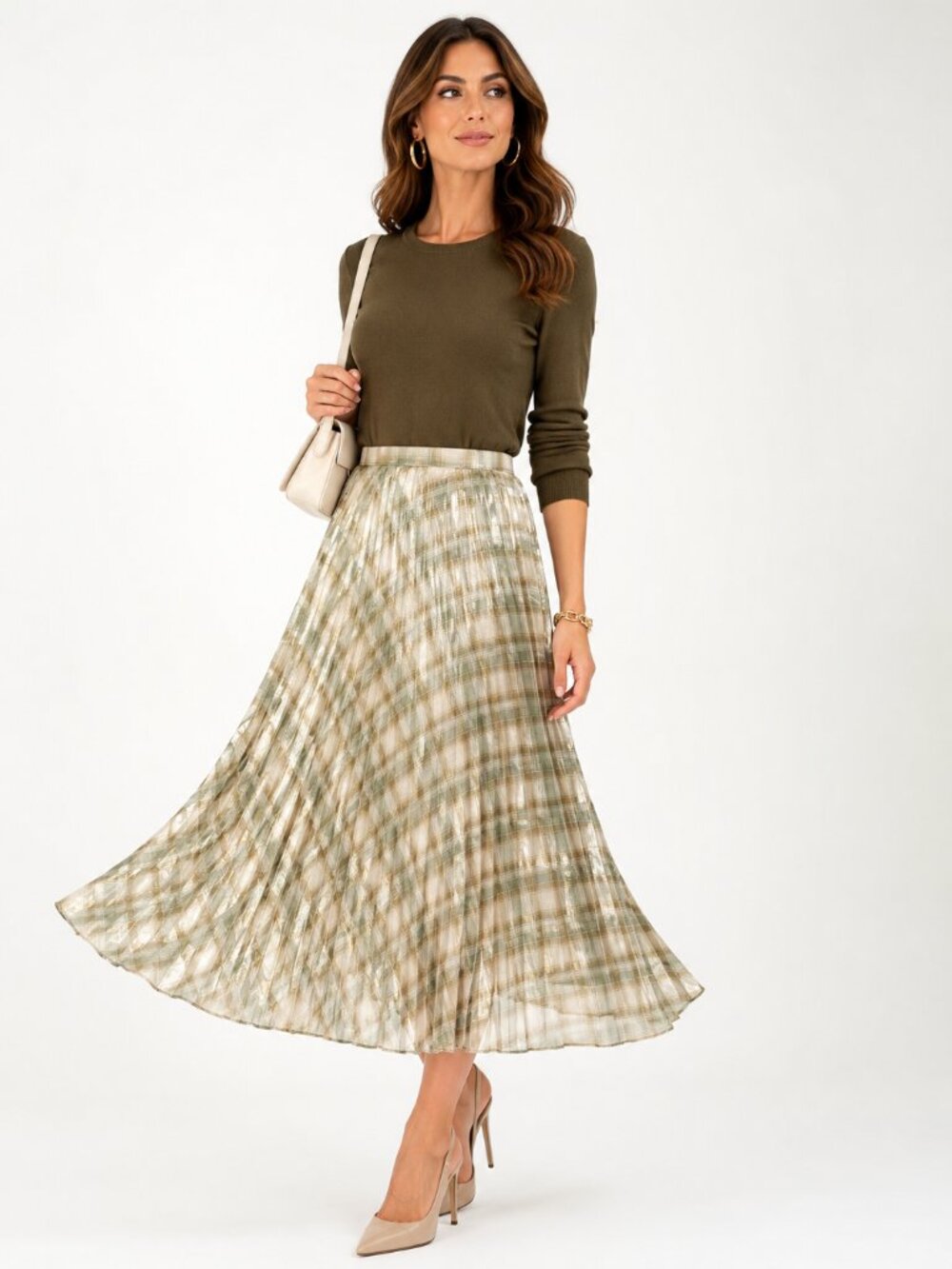 LAUREN Ralph Lauren Metallic Plaid Pleated Georgette Midi Skirt Cream Olive 10